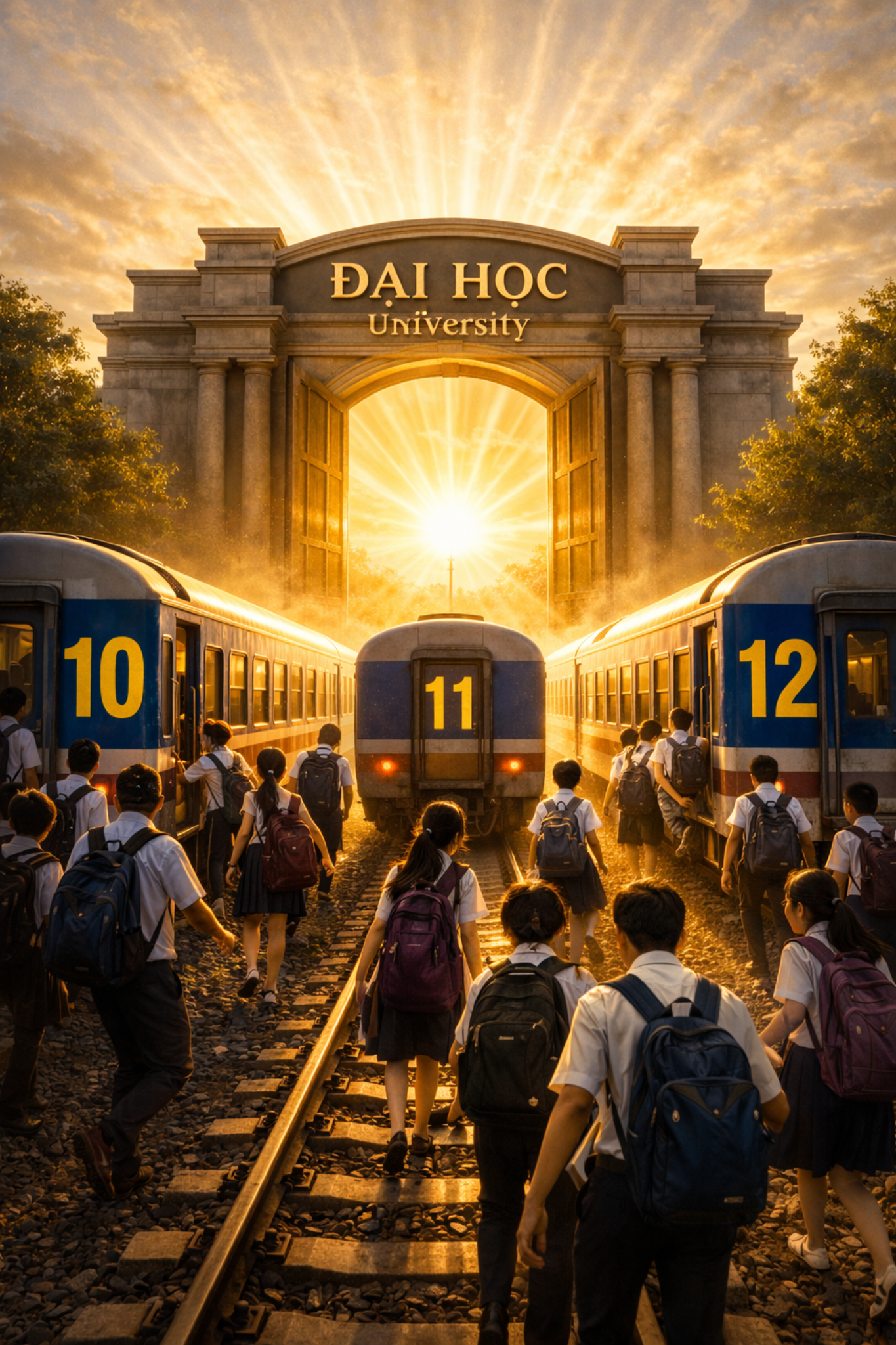 Học sinh bước qua những toa tàu 10, 11, 12 tiến tới cổng đại học